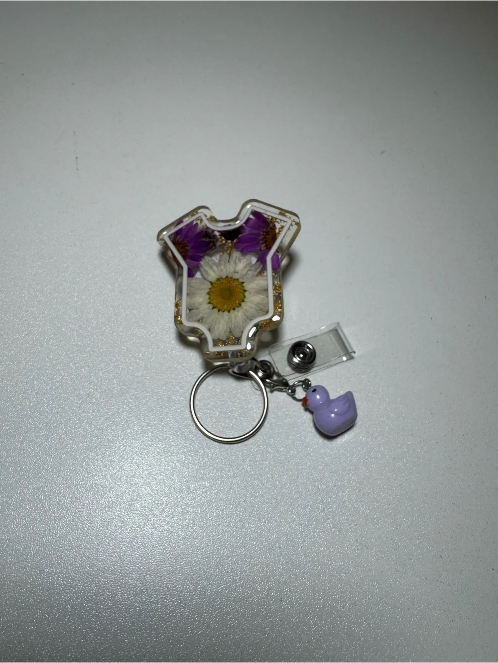 Handmade Purple Floral Resin Keychain with Duck Charm